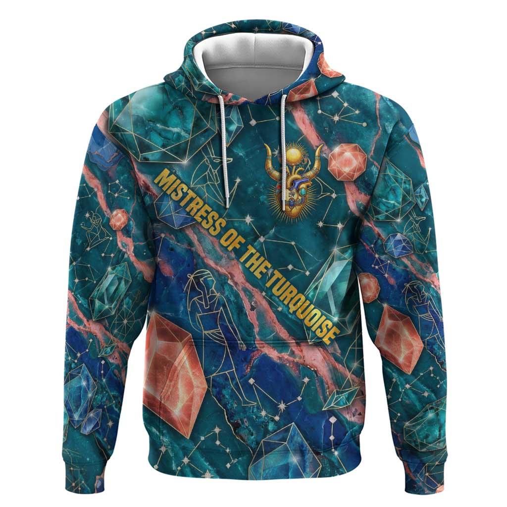 Hathor Golden Sacred Heart Egyptian Zip Hoodie with Gemstone Pattern in Turquoise Theme