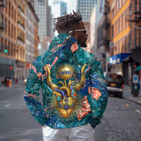 Hathor Golden Sacred Heart Egyptian Zip Hoodie with Gemstone Pattern in Turquoise Theme