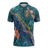 Hathor Golden Sacred Heart Egyptian Zipper Polo Shirt with Gemstone Pattern in Turquoise Theme