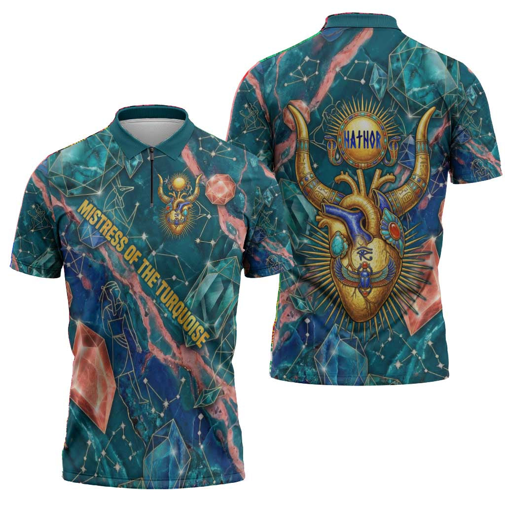 Hathor Golden Sacred Heart Egyptian Zipper Polo Shirt with Gemstone Pattern in Turquoise Theme