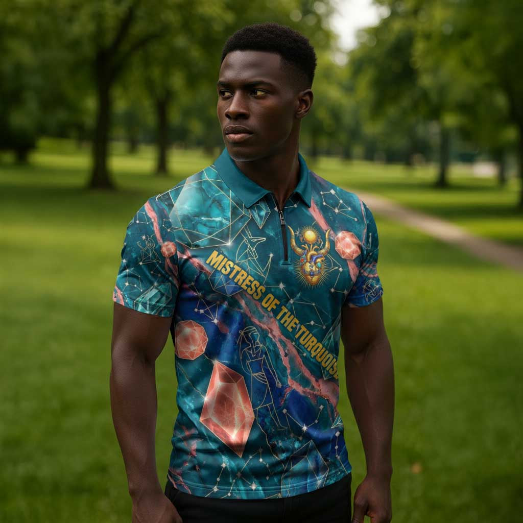 Hathor Golden Sacred Heart Egyptian Zipper Polo Shirt with Gemstone Pattern in Turquoise Theme
