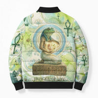 Heqet Nile Ankh Symbol Bomber Puffer Jacket Egyptian Lotus Motif in Watercolor Life Theme