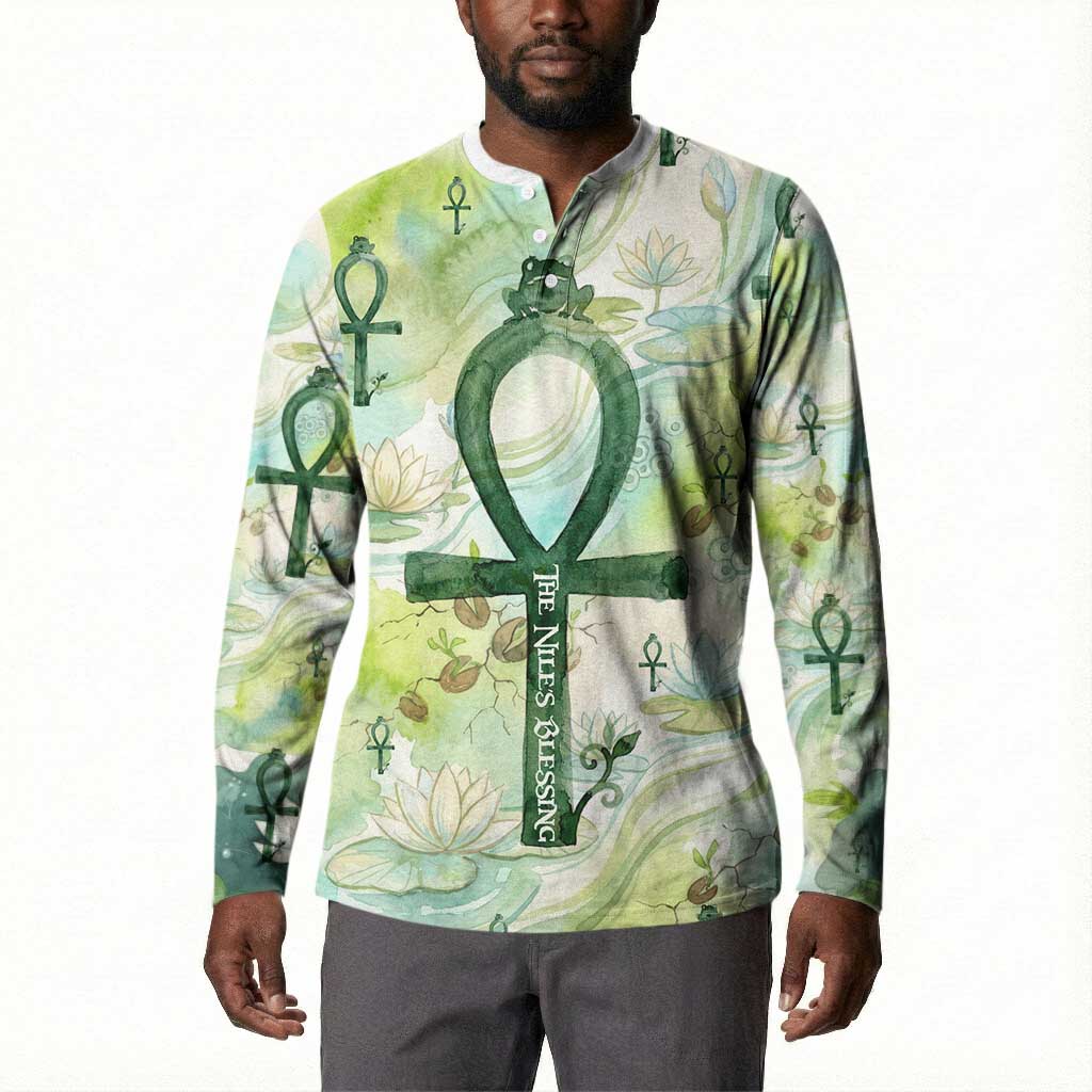 Heqet Nile Ankh Symbol Button Sweatshirt Egyptian Lotus Motif in Watercolor Life Theme