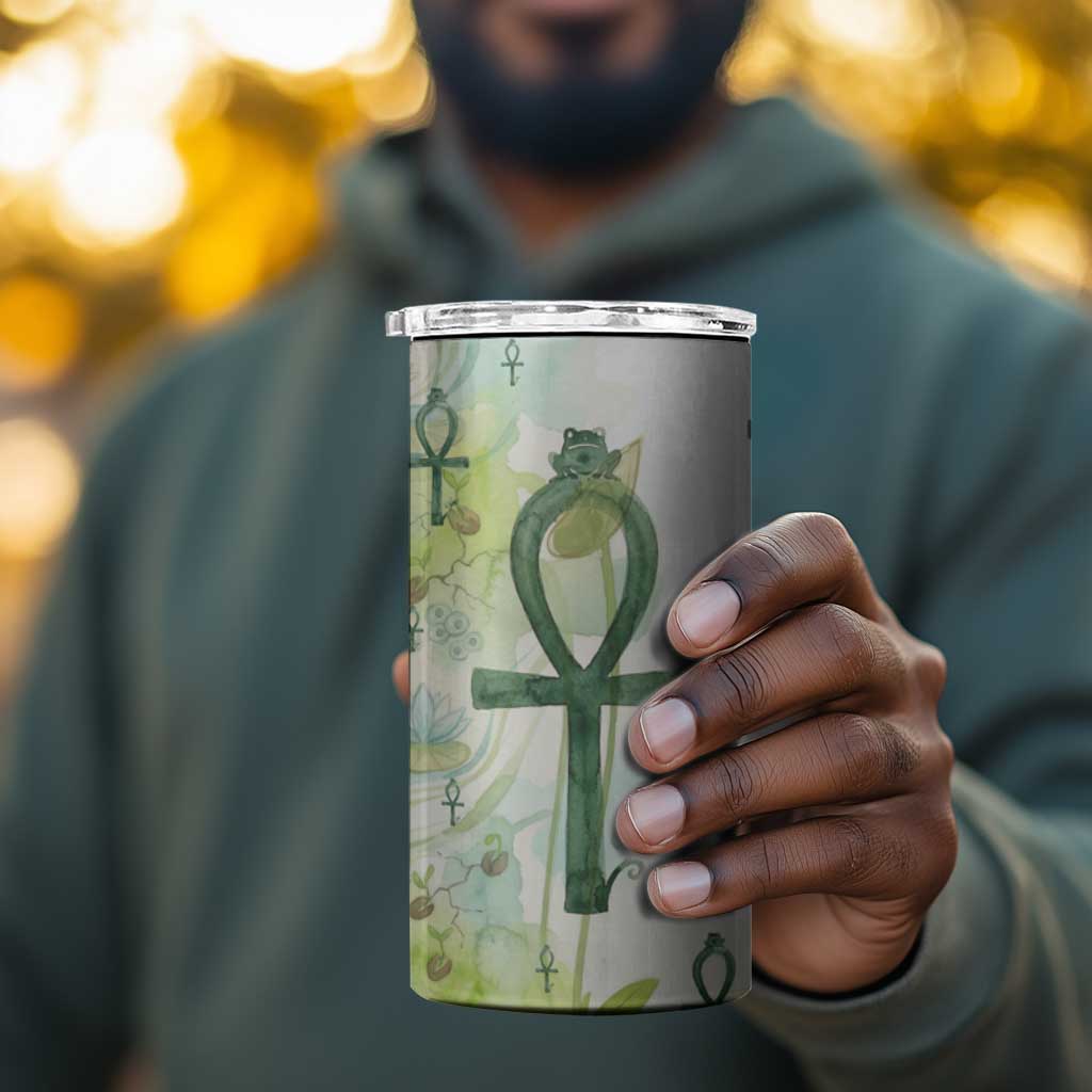 Heqet Nile Ankh Symbol 4 in 1 Can Cooler Tumbler Egyptian Lotus Motif in Watercolor Life Theme