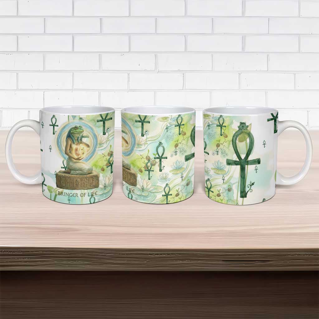 Heqet Nile Ankh Symbol Ceramic Mug Egyptian Lotus Motif in Watercolor Life Theme