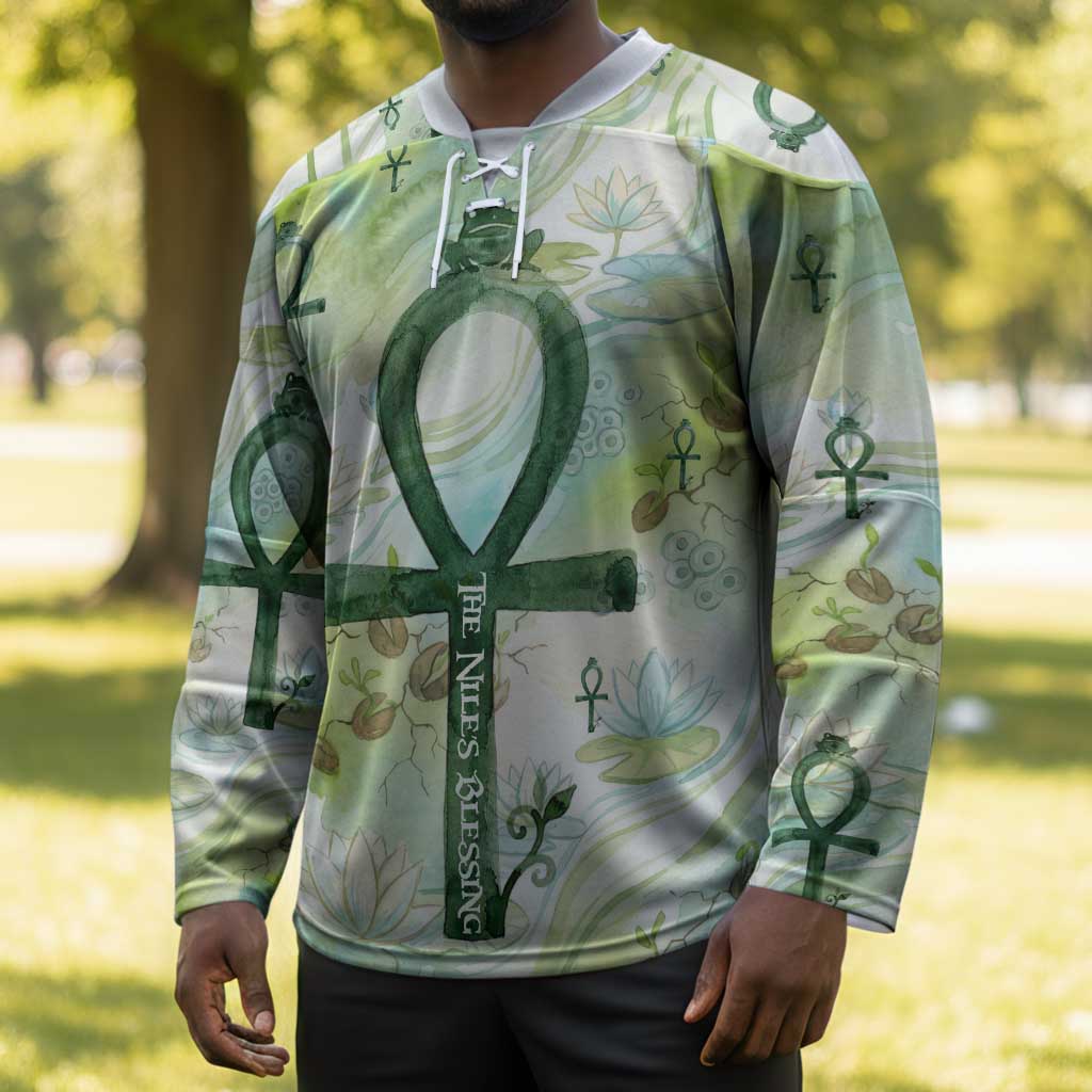 Heqet Nile Ankh Symbol Hockey Jersey Egyptian Lotus Motif in Watercolor Life Theme