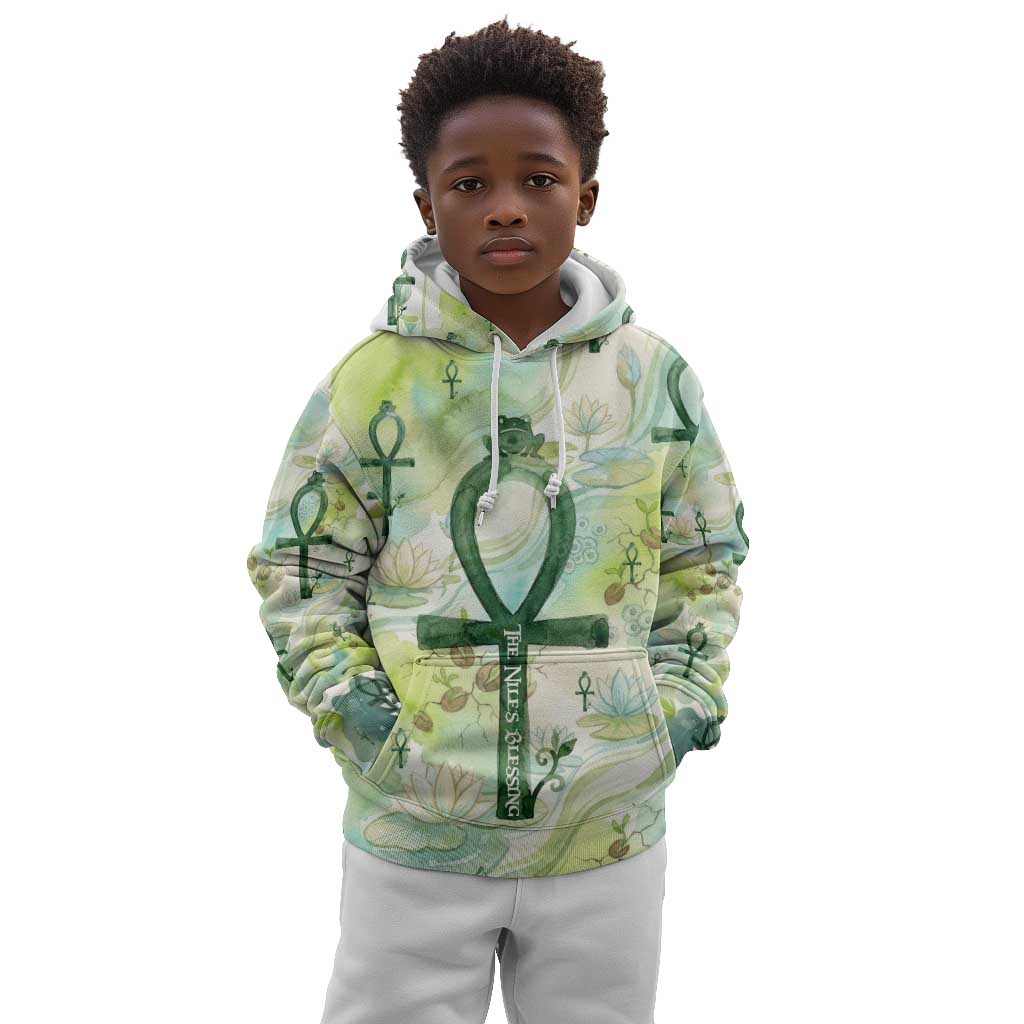 Heqet Nile Ankh Symbol Kid Hoodie Egyptian Lotus Motif in Watercolor Life Theme