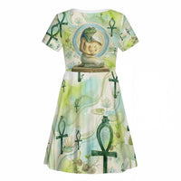 Heqet Nile Ankh Symbol Kid Short Sleeve Dress Egyptian Lotus Motif in Watercolor Life Theme