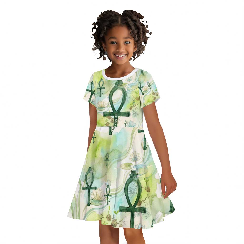 Heqet Nile Ankh Symbol Kid Short Sleeve Dress Egyptian Lotus Motif in Watercolor Life Theme
