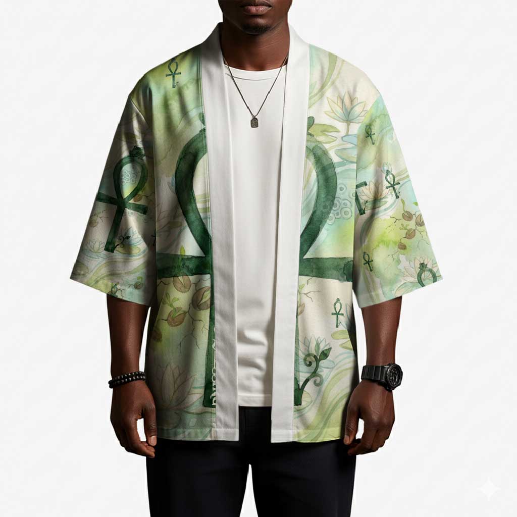 Heqet Nile Ankh Symbol Kimono Egyptian Lotus Motif in Watercolor Life Theme