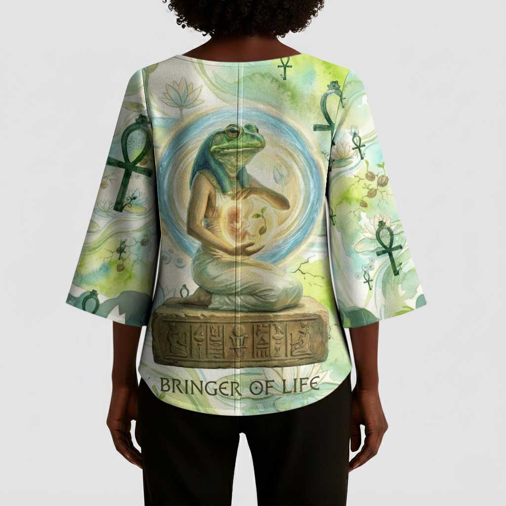Heqet Nile Ankh Symbol Kimono Sleeve Blouse Egyptian Lotus Motif in Watercolor Life Theme