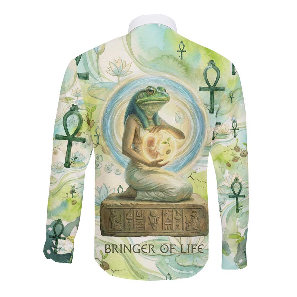 Heqet Nile Ankh Symbol Long Sleeve Button Shirt Egyptian Lotus Motif in Watercolor Life Theme