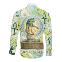 Heqet Nile Ankh Symbol Long Sleeve Button Shirt Egyptian Lotus Motif in Watercolor Life Theme