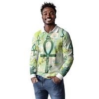 Heqet Nile Ankh Symbol Long Sleeve Polo Shirt Egyptian Lotus Motif in Watercolor Life Theme
