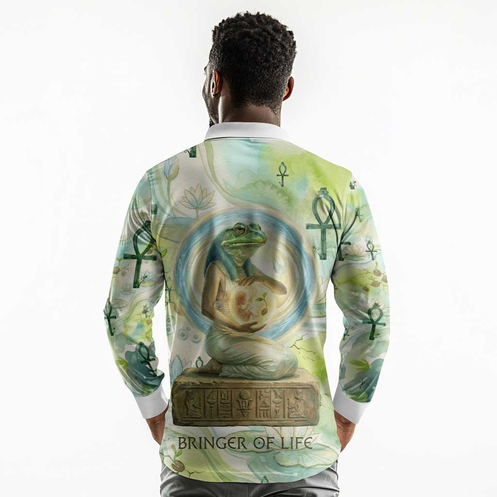 Heqet Nile Ankh Symbol Long Sleeve Polo Shirt Egyptian Lotus Motif in Watercolor Life Theme
