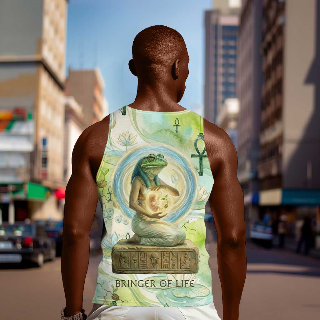 Heqet Nile Ankh Symbol Men Tank Top Egyptian Lotus Motif in Watercolor Life Theme