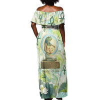 Heqet Nile Ankh Symbol Off Shoulder Maxi Dress Egyptian Lotus Motif in Watercolor Life Theme