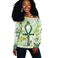 Heqet Nile Ankh Symbol Off Shoulder Sweater Egyptian Lotus Motif in Watercolor Life Theme