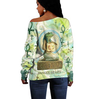 Heqet Nile Ankh Symbol Off Shoulder Sweater Egyptian Lotus Motif in Watercolor Life Theme