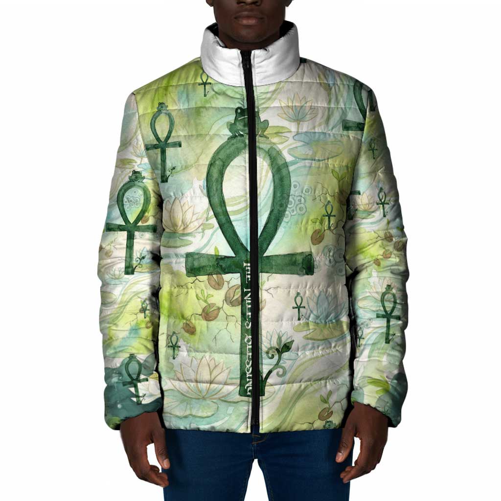 Heqet Nile Ankh Symbol Padded Jacket Egyptian Lotus Motif in Watercolor Life Theme