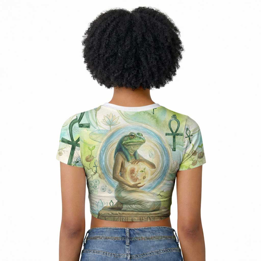 Heqet Nile Ankh Symbol Raglan Cropped T shirt Egyptian Lotus Motif in Watercolor Life Theme