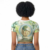 Heqet Nile Ankh Symbol Raglan Cropped T shirt Egyptian Lotus Motif in Watercolor Life Theme