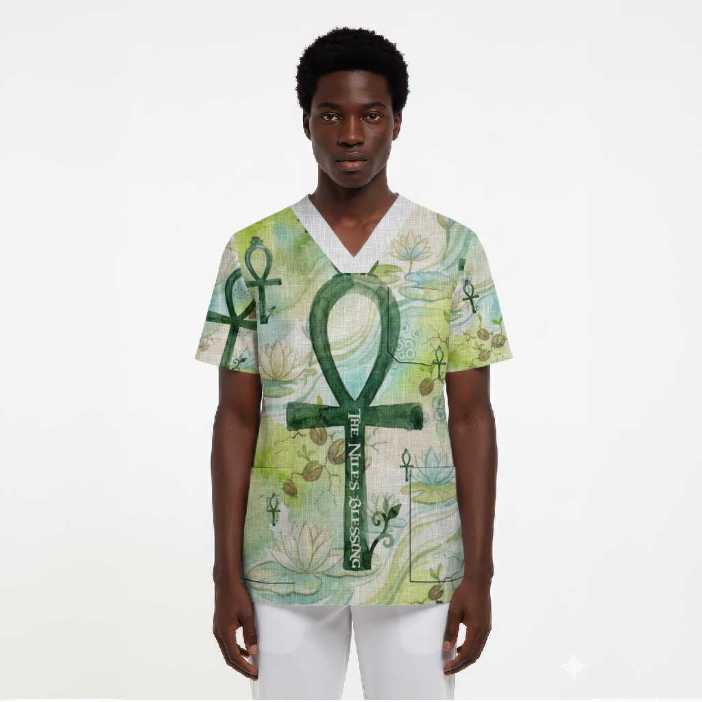 Heqet Nile Ankh Symbol Scrub Top Egyptian Lotus Motif in Watercolor Life Theme