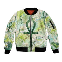 Heqet Nile Ankh Symbol Sleeve Zip Bomber Jacket Egyptian Lotus Motif in Watercolor Life Theme