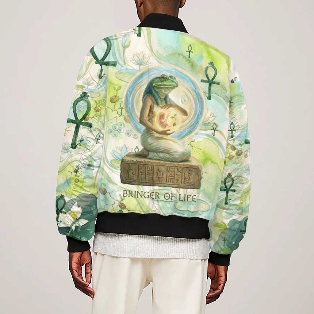 Heqet Nile Ankh Symbol Sleeve Zip Bomber Jacket Egyptian Lotus Motif in Watercolor Life Theme