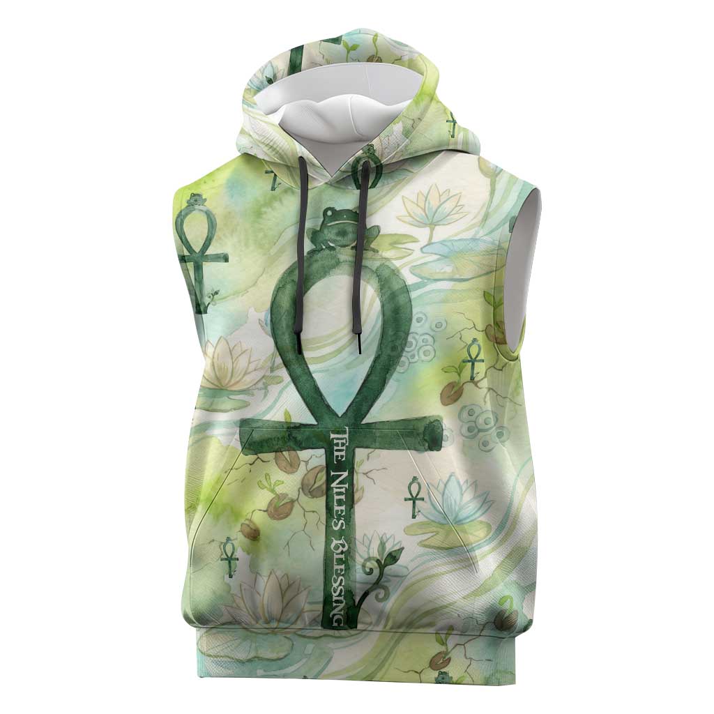 Heqet Nile Ankh Symbol Sleeveless Hoodie Egyptian Lotus Motif in Watercolor Life Theme