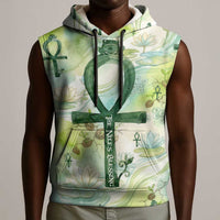 Heqet Nile Ankh Symbol Sleeveless Hoodie Egyptian Lotus Motif in Watercolor Life Theme