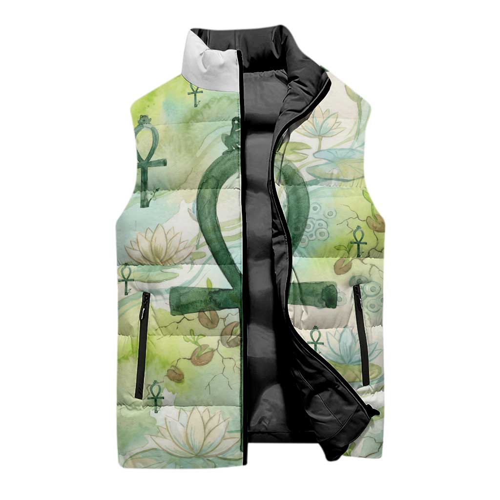 Heqet Nile Ankh Symbol Sleeveless Puffer Jacket Egyptian Lotus Motif in Watercolor Life Theme