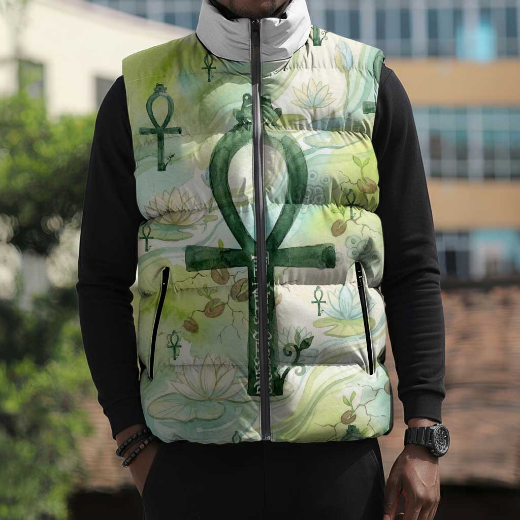 Heqet Nile Ankh Symbol Sleeveless Puffer Jacket Egyptian Lotus Motif in Watercolor Life Theme