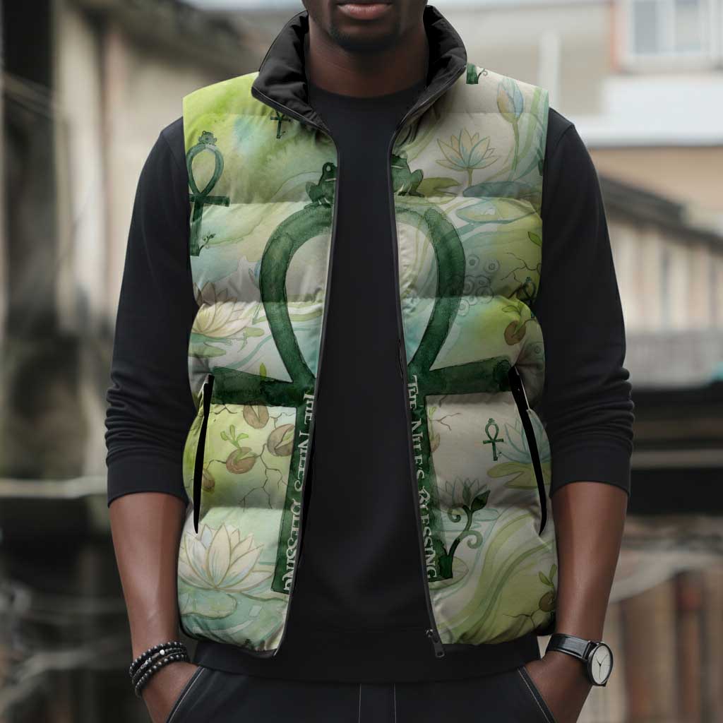 Heqet Nile Ankh Symbol Sleeveless Puffer Jacket Egyptian Lotus Motif in Watercolor Life Theme