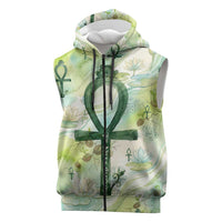 Heqet Nile Ankh Symbol Sleeveless Zip Hoodie Egyptian Lotus Motif in Watercolor Life Theme