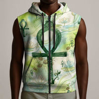 Heqet Nile Ankh Symbol Sleeveless Zip Hoodie Egyptian Lotus Motif in Watercolor Life Theme