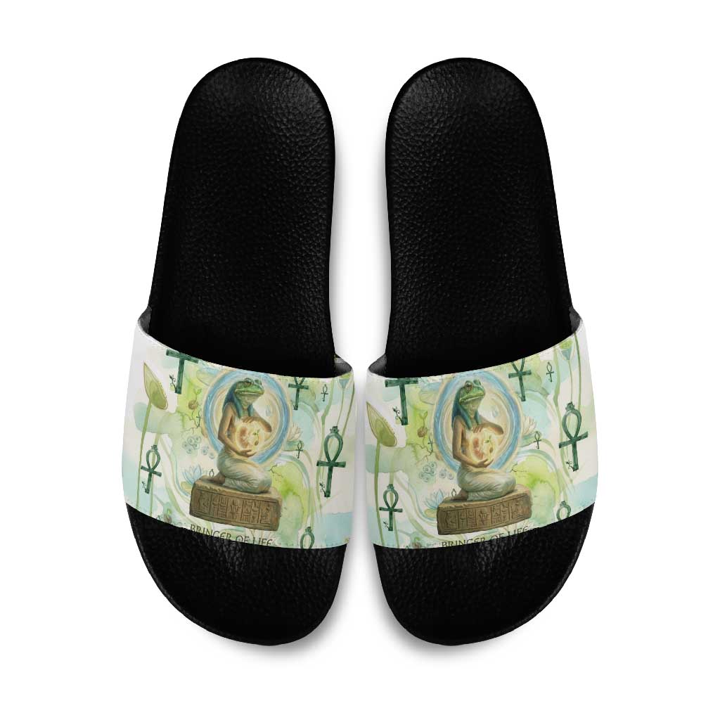Heqet Nile Ankh Symbol Slide Sandals Egyptian Lotus Motif in Watercolor Life Theme