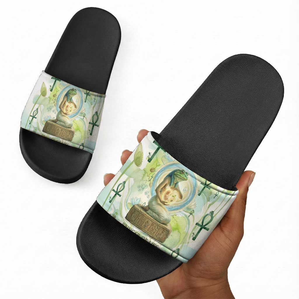 Heqet Nile Ankh Symbol Slide Sandals Egyptian Lotus Motif in Watercolor Life Theme
