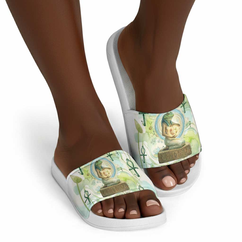 Heqet Nile Ankh Symbol Slide Sandals Egyptian Lotus Motif in Watercolor Life Theme