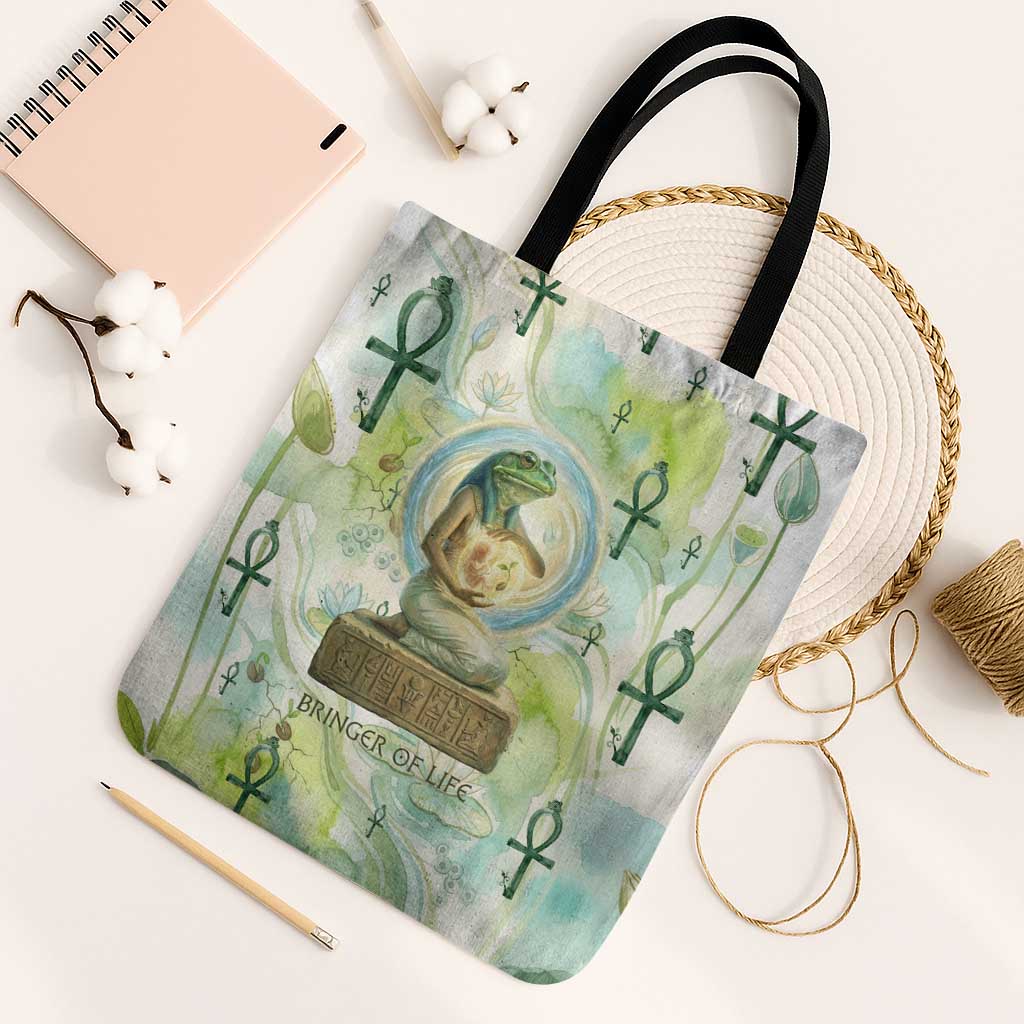 Heqet Nile Ankh Symbol Tote Bag Egyptian Lotus Motif in Watercolor Life Theme