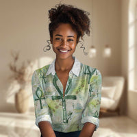 Heqet Nile Ankh Symbol Women Casual Shirt Egyptian Lotus Motif in Watercolor Life Theme