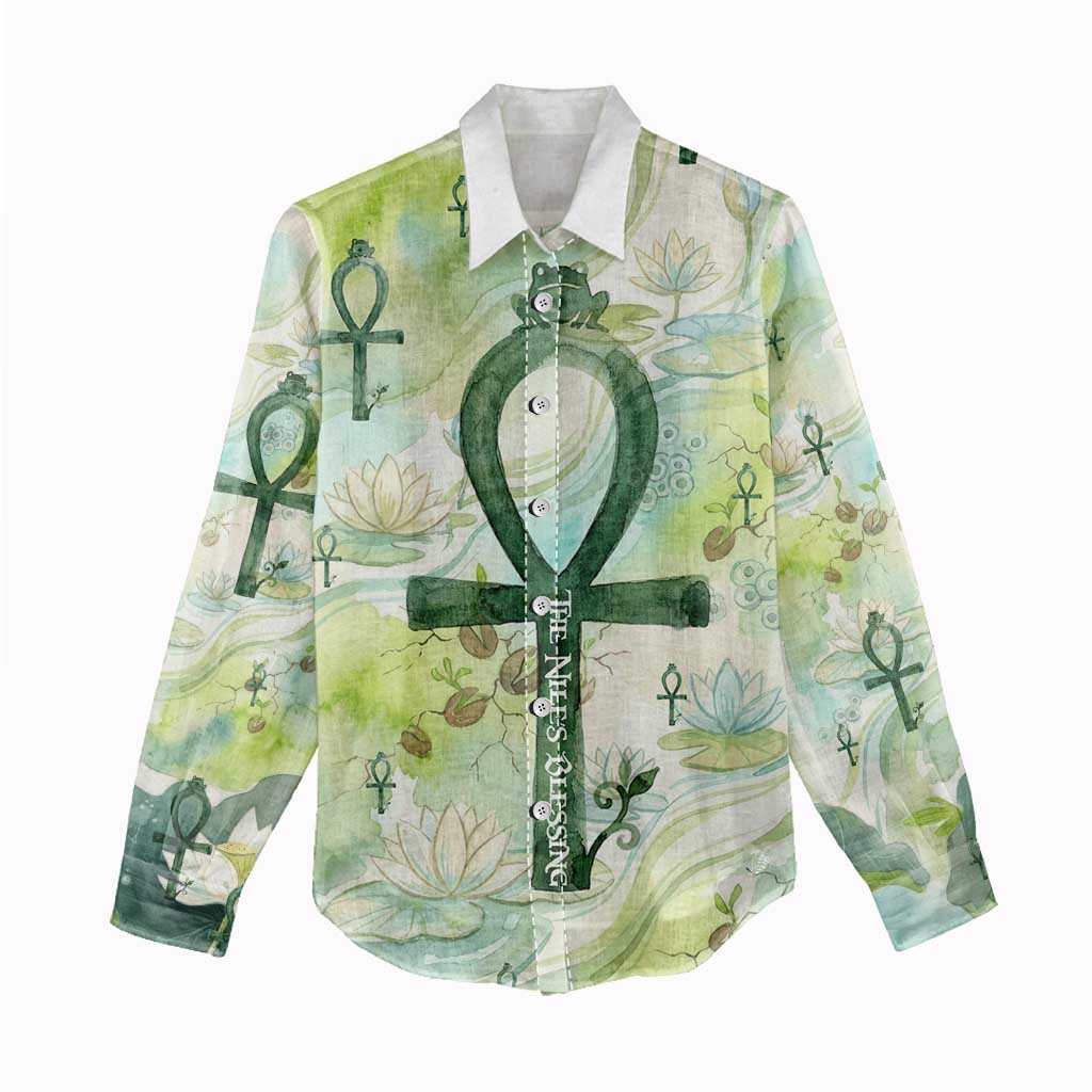 Heqet Nile Ankh Symbol Women Casual Shirt Egyptian Lotus Motif in Watercolor Life Theme