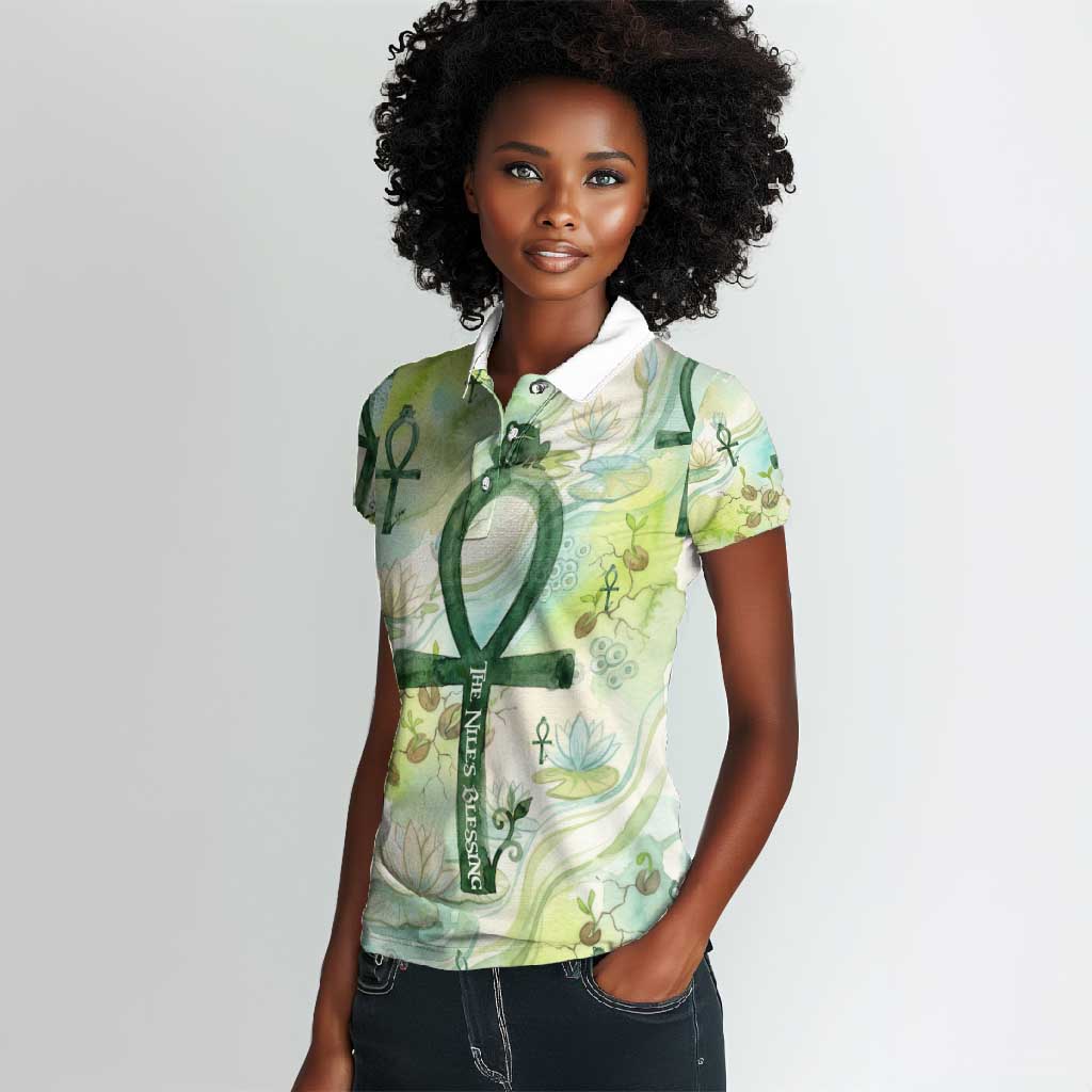 Heqet Nile Ankh Symbol Women Polo Shirt Egyptian Lotus Motif in Watercolor Life Theme