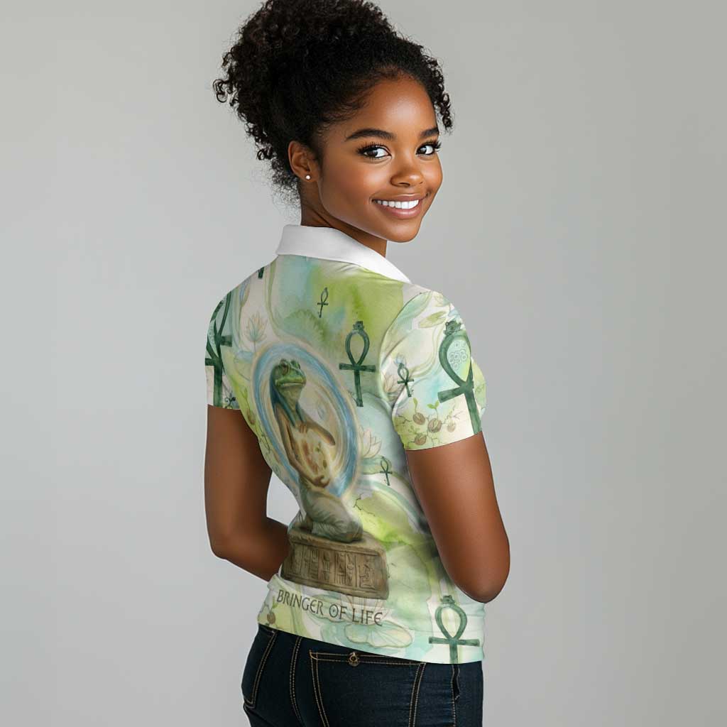 Heqet Nile Ankh Symbol Women Polo Shirt Egyptian Lotus Motif in Watercolor Life Theme