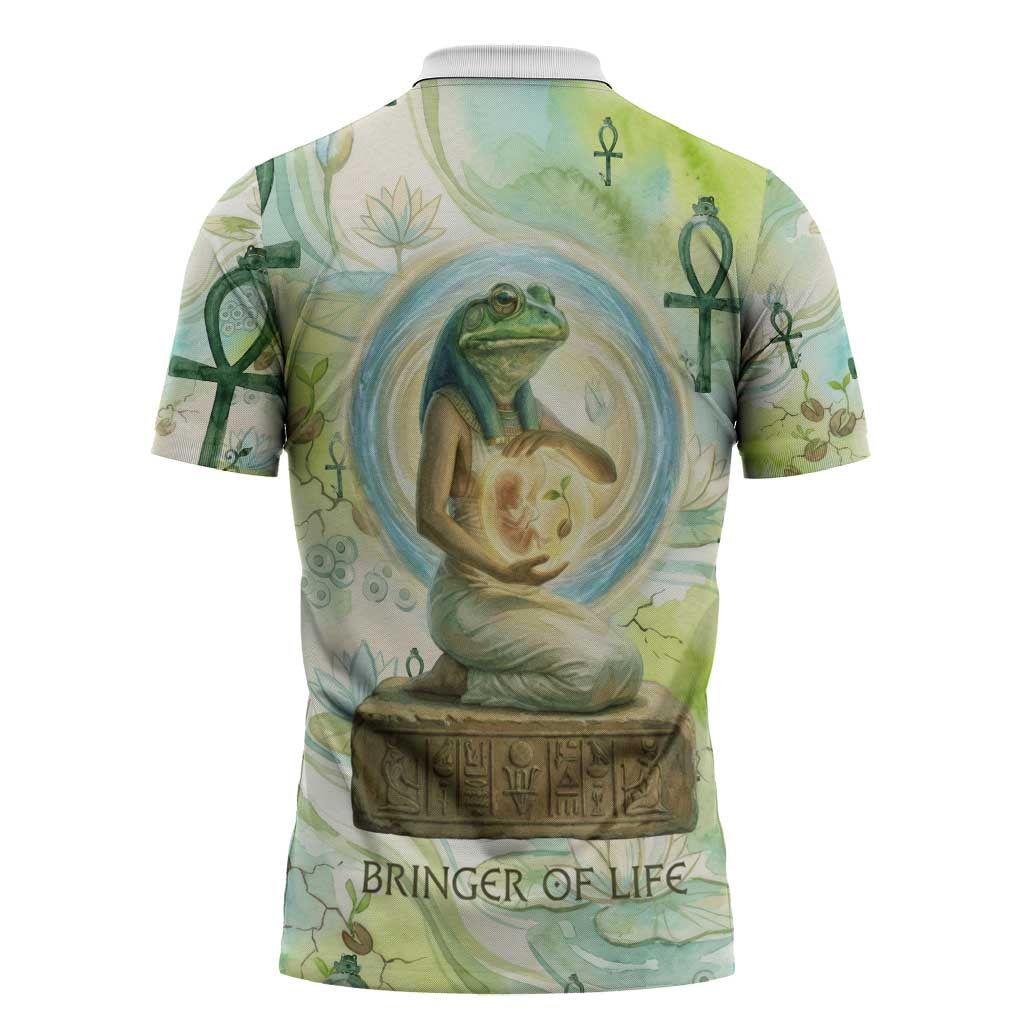 Heqet Nile Ankh Symbol Zipper Polo Shirt Egyptian Lotus Motif in Watercolor Life Theme