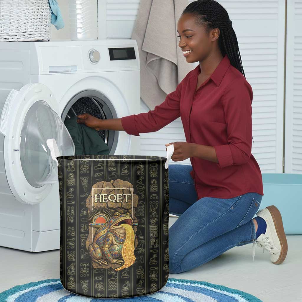 Heqet Ornate Frog Egyptian Laundry Basket with Hieroglyphic Backdrop in Creation Theme