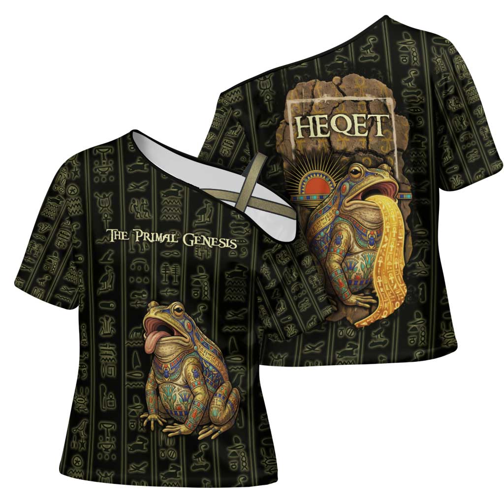 Heqet Ornate Frog Egyptian Cross Shoulder Shirt with Hieroglyphic Backdrop in Creation Theme