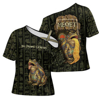Heqet Ornate Frog Egyptian Cross Shoulder Shirt with Hieroglyphic Backdrop in Creation Theme