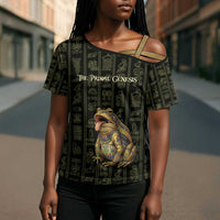 Heqet Ornate Frog Egyptian Cross Shoulder Shirt with Hieroglyphic Backdrop in Creation Theme