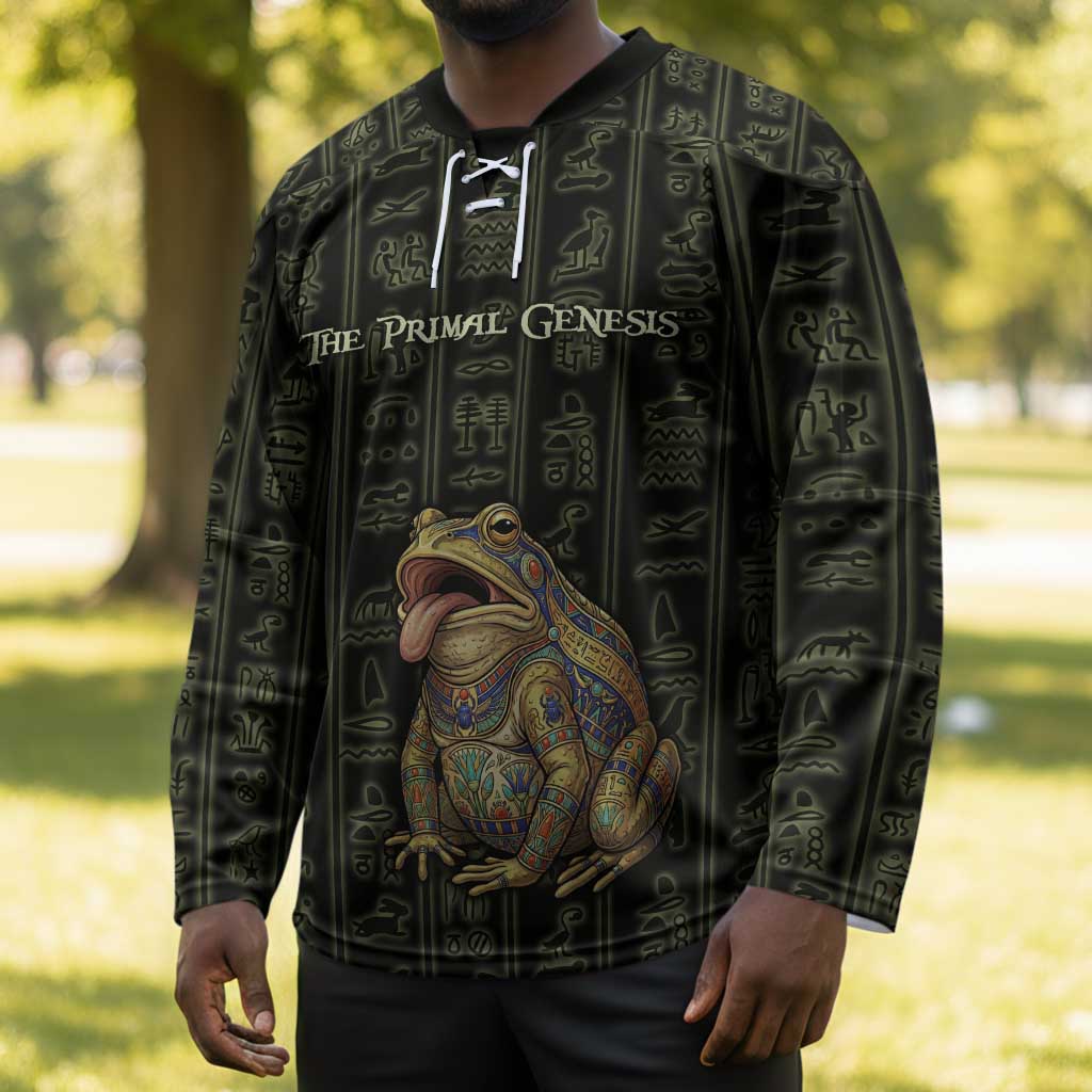 Heqet Ornate Frog Egyptian Hockey Jersey with Hieroglyphic Backdrop in Creation Theme
